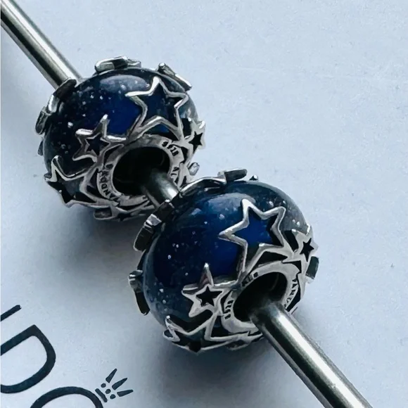 Pandora Lot/2 Galaxy Blue & Star Murano Glass Charm - Picture 2 of 3